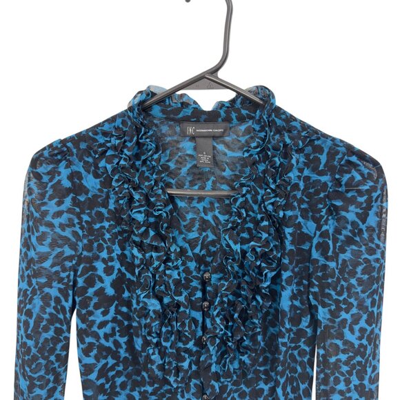 INC International Consepts Women S Ruffled Button-Down Sheer Leopard Print Top - Picture 2 of 7